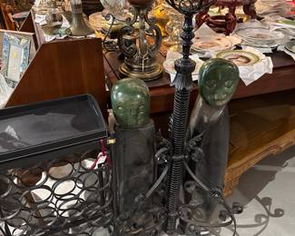 Pair of Shona Stone Stone Carvings "Spirit Men" Signed, with an Iron Victorian Oil Lamp Holder, & Iron Wine Rack 