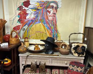 Sari Staggs Large Indian Chief Art, Rattan Console Table w/ Matching Ottomans, Mahogany Revolving Book Shelf 