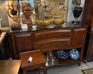 Thomasville matching Buffet to the Table, MCM Gold Asian Mirror, Maitland Smith Bronze Deer Lamp, Carved African Woman Bust, Pair Indiana Glass Iridescent Footed Amber Bowls, Maitland Smith Marble Eagle Handle Urn, Ethan Allen Cherry Small Table 