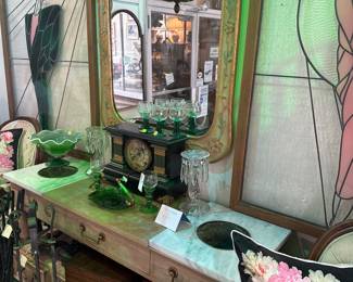 MCM Console Table with Planters & Marble, Wood Carved Mirror 