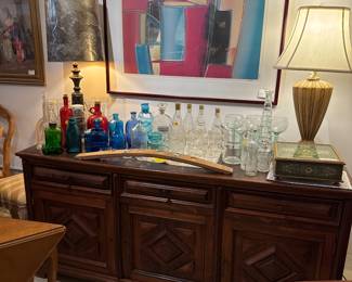 Brazilian Carved Buffet, Vintage Glass Bottles, Art 