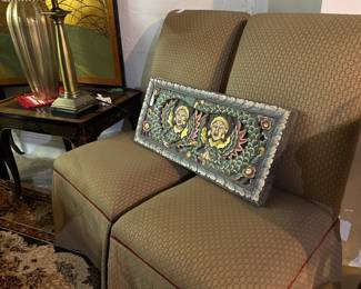 Four Gold Fabric Armless Dining Chairs, Rug, Lamps Wood Carved Thai Plaque