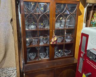 Mahogany China Cabinet & Crystal Bowls 