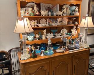 Vintage Baker Furniture Country French Buffet, Glass Lamps, Fenton, Milk Glass & Pottery