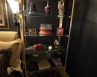 Pair of John Widdicomb Etageres, Brass, Glass and Faux Black Marble Drawer size: 37" X 20" X 80" inch high each.  There are currently off site and will bring to the sale unless someone is interested prior & we make a deal to pick from that location.   Set of 2