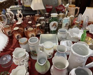 Collection of Victorian Portrait Vases, Fenton & American Porcelain, Art Deco Lady Flower Frogs