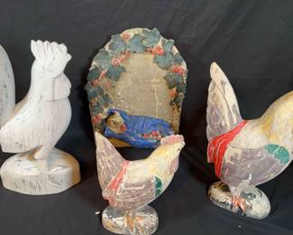 Three Wooden Carved Chickens for Outdoor Decorations and Plaster Plaque