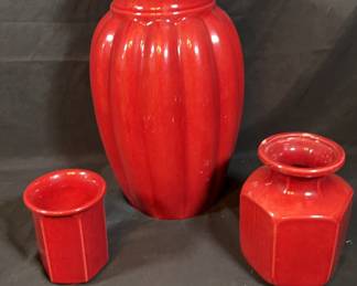 Three 3 Scheurich  Keramik W Germany MidCentury Modern Dark Red Vases