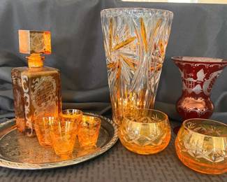 GA117Vintage Amber Crystal And Etched Glass