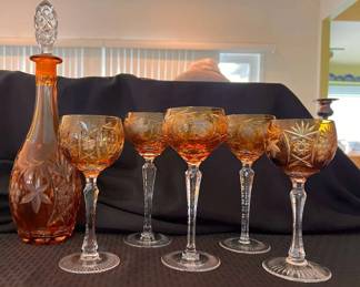 GA106Vintage Amber Crystal Wine Goblets And Decanter