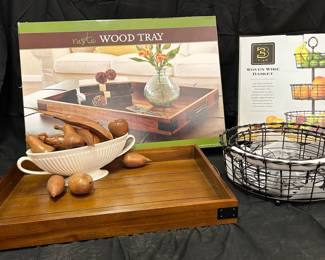GA168Rustic Wood Tray And Wire Woven Basket and More