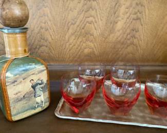 GA155Noymez Leather Decanter And Vintage Glassware