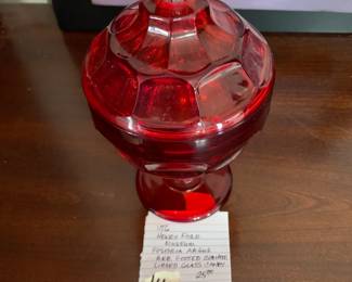 #140	vintage Henry Ford Museum Fostoria argus red footed compote lidded glass candy dish	 $25.00 			

