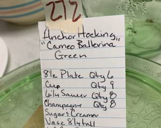 #272	Anchor Hocking Cameo Ballerina Green 45 pieces	 $250.00 			
