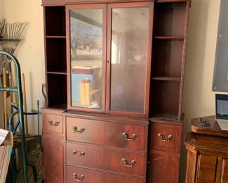 #151	as is China cabinet with 4 drawers and 2 wood doors and 2 glass doors no shelves 46x14x83	 $75.00 			
