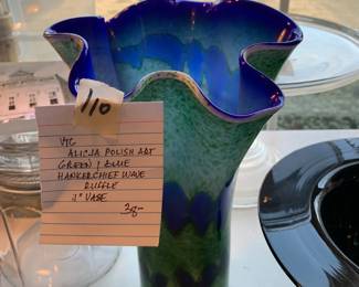 #110	Vtg. Alicia polish Art Green/Blue Handkerchief Wave Ruffle 11" Vase	 $38.00 			
