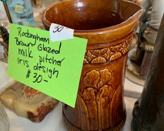 #91	Rockingham Brown Glazed Milk Pitcher - Irish Design w/iris' Design Pitcher - 8" Tall	 $30.00 			
