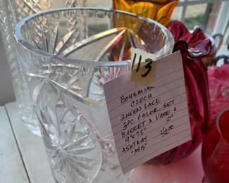 #113	Bohemian Czech queen Lace 3 pc Pallor Set Baset & Vase - 9" x 7.5   Ashtray "As is"	 $42.00 			
