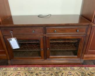 #19	Hooker Entr. Cabinet w/beveled Glass front Door w/2 drawers & 4 wood shelves - 54x24x31  (as is finish)	 $150.00 			
