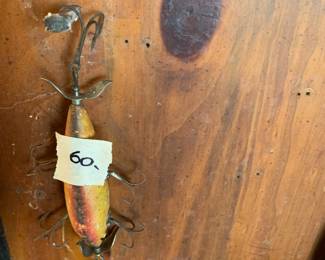 #314	vintage yellow/red fishing larder	 $60.00 			
