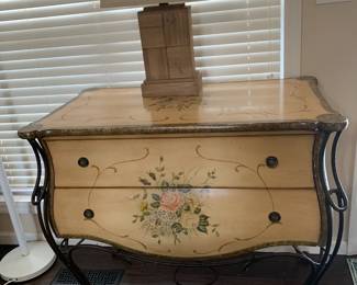 #24	Painted Decorative 2 drawer Table (as is chip at top) - 39x22x34	 $125.00 			
