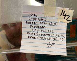 #142	West bend buffet servers II Electric includes all pieces (electric plug Pyrex inserts (2)	 $40.00 			
