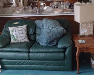 Green Loveseat with Cover $5, great condition. 2 matching lamps $5 each, end tables $5 each.