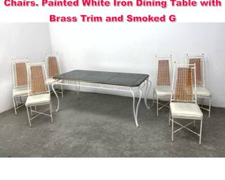 Lot 507 7pc Patio Iron Table and Dining Chairs. Painted White Iron Dining Table with Brass Trim and Smoked G