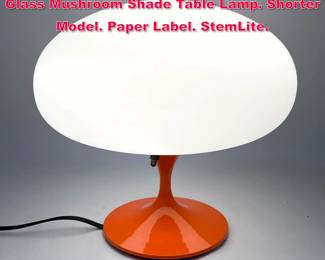 Lot 78 DESIGNLINE Orange Enamel Base Glass Mushroom Shade Table Lamp. Shorter Model. Paper Label. StemLite.