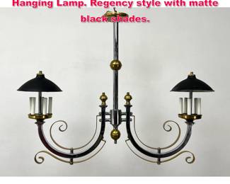 Lot 445 Chrome and Brass Mid Century Hanging Lamp. Regency style with matte black shades. 