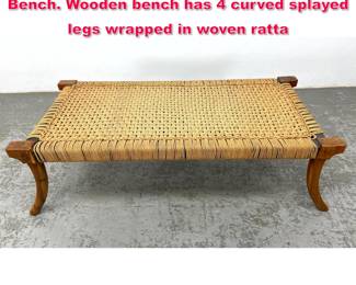 Lot 90 RobsjohnGibbings Style Klismos Bench. Wooden bench has 4 curved splayed legs wrapped in woven ratta