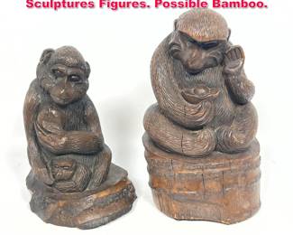 Lot 207 2pc Carved Wood Monkey Sculptures Figures. Possible Bamboo. 