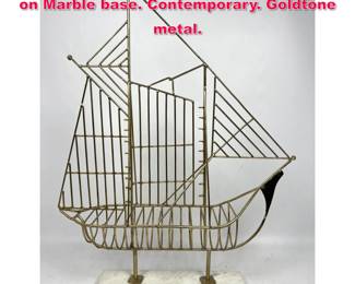 Lot 132 Sailing Ship Yacht Metal Sculpture on Marble base. Contemporary. Goldtone metal.