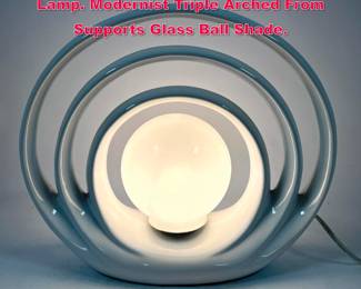 Lot 539 Art Deco Style White Ceramic Table Lamp. Modernist Triple Arched From Supports Glass Ball Shade. 