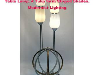 Lot 308 MCM Brass, Chrome 2 Tone Finish Table Lamp. 4 Tulip form Striped Shades. Modernist Lighting