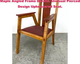 Lot 315 Memphis style studio arm chair. Maple Angled Frame Details. Unusual Pierced Design Upholstered Seat.