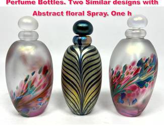 Lot 36 3pc American Studio Art Glass Perfume Bottles. Two Similar designs with Abstract floral Spray. One h