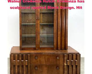 Lot 571 2 Part LANE American Modern Walnut Credenza Hutch. Credenza has sculptural applied Block Design. Hit