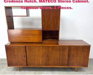 Lot 257 2pc American Modern Walnut Credenza Hutch. MATECO Stereo Cabinet. Tambour Doors. 2 Pieces. 