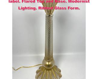 Lot 10 Venetian Murano Art Glass Lamp. label. Flared Top and Base. Modernist Lighting. Ribbed Glass Form. 