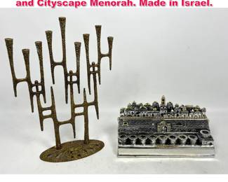 Lot 208 2Pc Menorahs. Wainberg Brutalist and Cityscape Menorah. Made in Israel.