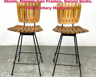 Lot 310 Pr ARTHUR UMANOFF Slat Bar Stools. Hairpin Iron Frames. Swivel Seats. Mid Century Modern. 