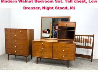 Lot 253 5pc DREXEL Kipp Stewart American Modern Walnut Bedroom Set. Tall chest, Low Dresser, Night Stand, Mi