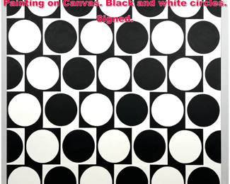 Lot 25 TIM RAY FISHER Acrylic Op Art Painting on Canvas. Black and white circles. Signed.