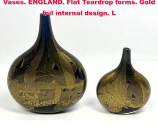 Lot 44 2pc ISLE of WIGHT Studio Art Glass Vases. ENGLAND. Flat Teardrop forms. Gold foil internal design. L