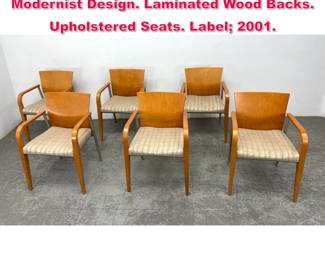 Lot 377 Set 6 STEELCASE Arm Chairs. Modernist Design. Laminated Wood Backs. Upholstered Seats. Label 2001.