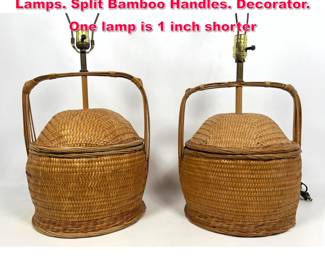 Lot 565 Pr Woven Lidded Baskets Table Lamps. Split Bamboo Handles. Decorator. One lamp is 1 inch shorter