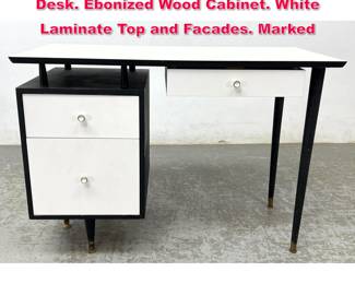 Lot 279 ARDEN Black and White Modernist Desk. Ebonized Wood Cabinet. White Laminate Top and Facades. Marked