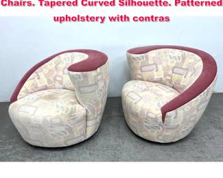 Lot 290 Pr Nautilus style Swivel Lounge Chairs. Tapered Curved Silhouette. Patterned upholstery with contras