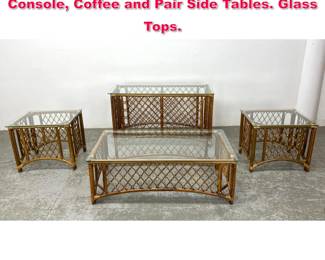 Lot 351 4pc Set Rattan Bamboo Tables. Console, Coffee and Pair Side Tables. Glass Tops. 
